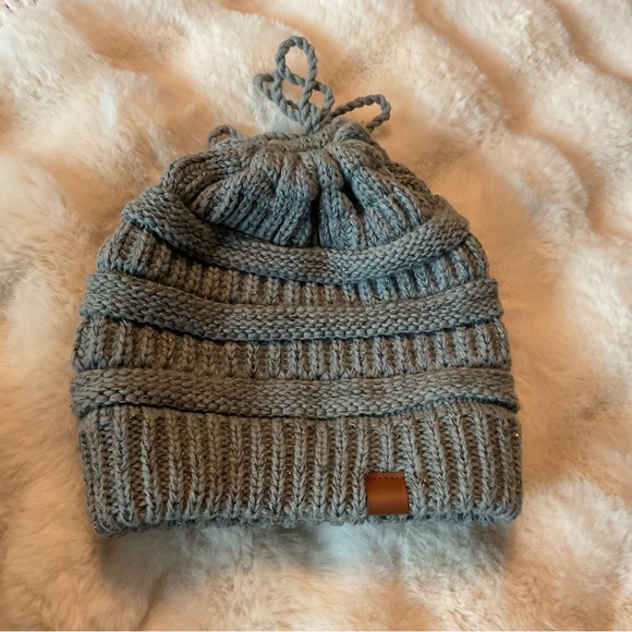 SO Accessories - NEW•SO Women’s Gray Glitter Glam Ponytail Knit Beanie